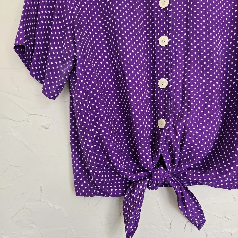 Vintage Chaus Polka Dot Button Up Tied Purple Top, L - Picture 4 of 9